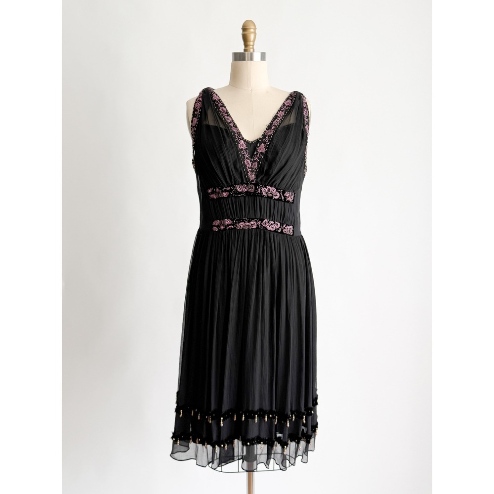 ECI New York Midi Dress Y2K Flapper M Black Pink Beaded Embroidered Velvet